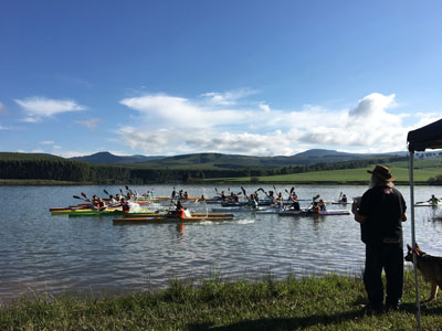 The start of the canoe race at Beaulieu Dam.