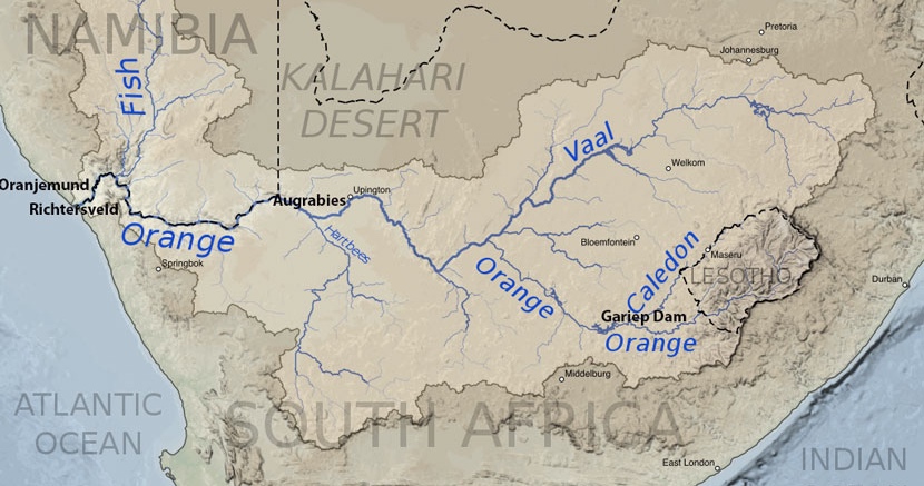A map showing the course of the Orange River.