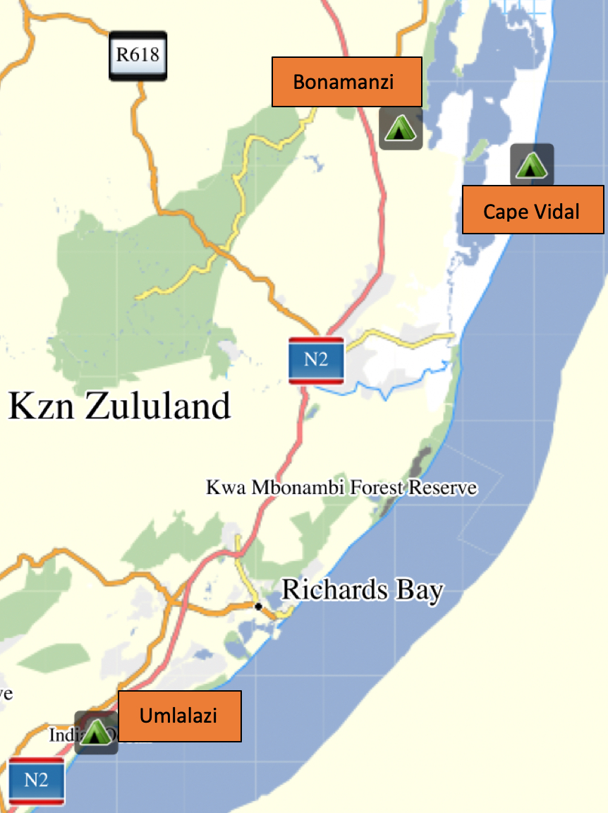 Map with the location of Umlalazi, Cape Vidal and Bonamanzi.