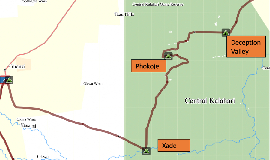 A map of our route through the Central Kalahari.