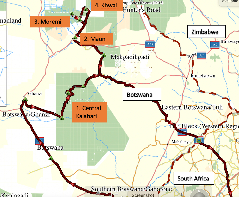A map showing our route through Botswana.