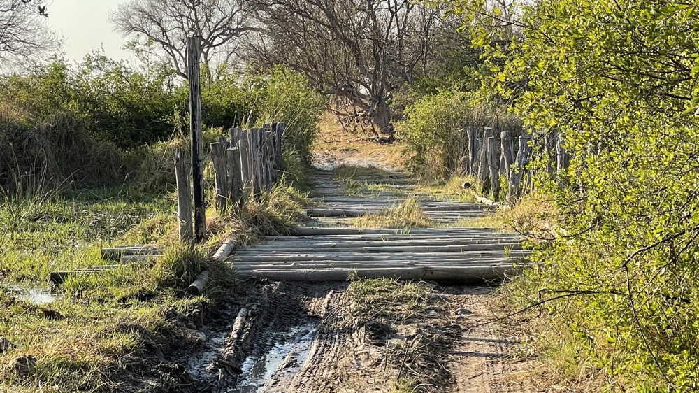 A wooden bridge with some of the poles missing.