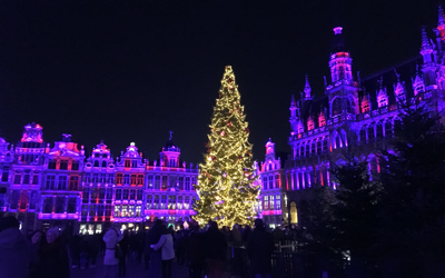 Grand Place, Brussels, lit up at night.
